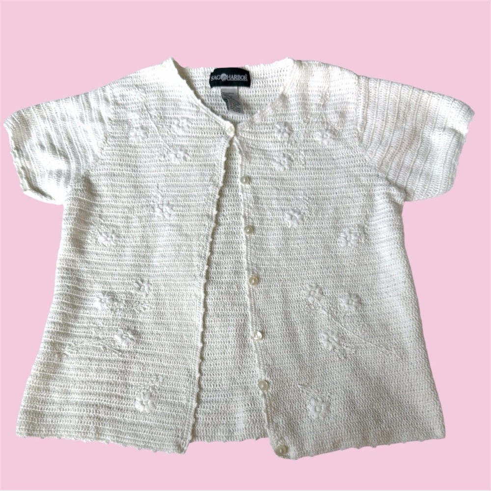 Sag harbor cottagecore short sleeve cardigan top with embroidered flowers
